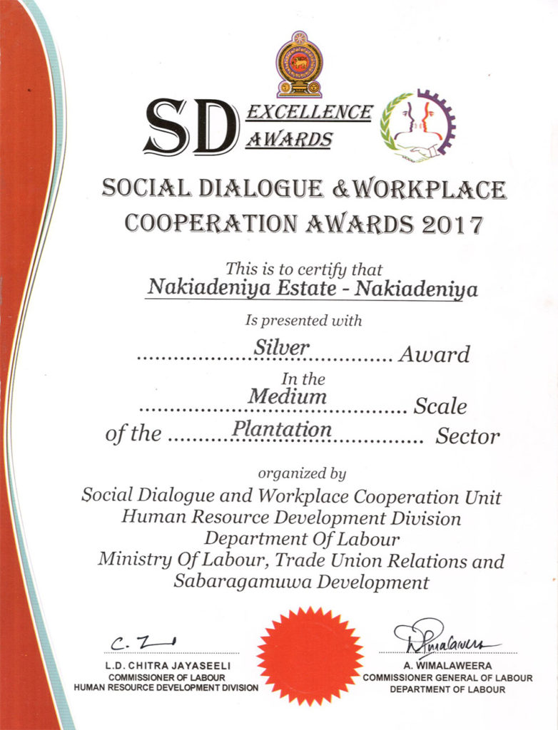 Social Dialogue & workplace co-operation Awards 2017 – Plantation Sector Medium Scale Silver Award